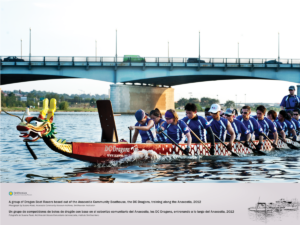 Sixteen co-ed members of the Dragon Boat Racers are seen training along the Anacostia River.