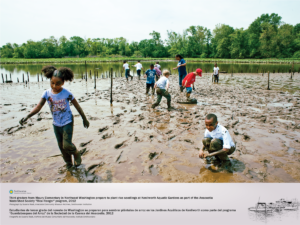 Third graders, covered in mud, are seen playing and exploring the riverbed during low tide at Kenilworth Aquatic Gardens.