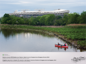 four individuals enjoy a canoe ride near the wetlands of Kingman Island. Stadium Armory is visible in the background.