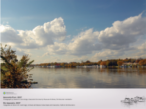 An image of the Anacostia River on an autumn day. The leaves in the foreground and background are turning in their fall folliage, with red and orange hues. Clouds are in the sky, and reflected in the water. The sun is peaking out behind the clouds.