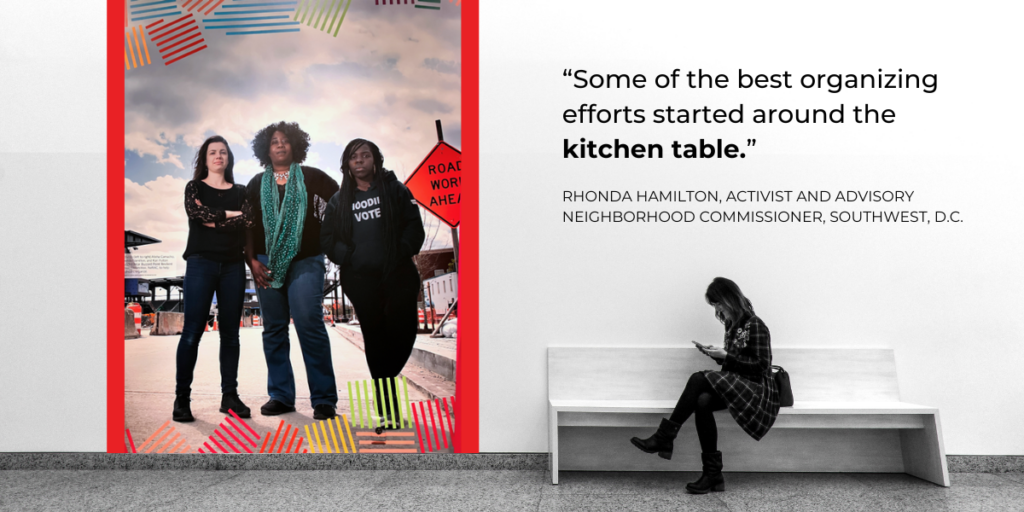 A graphic displays an image of Alisha Camacho, Rhonda Hamilton, and Kari Fulton as part of the museum's exhibit. A quote reads, "Some of the best organizing efforts started around the kitchen table."