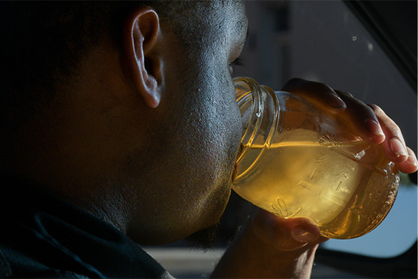 Brian Askew sips a tea-based drink from a mason jar inside his vehicle.