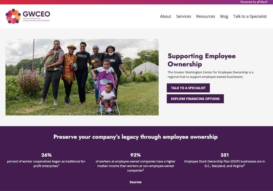 Screenshot showing the website hero layout of the Greater Washington Center for Employee Ownership in 2022